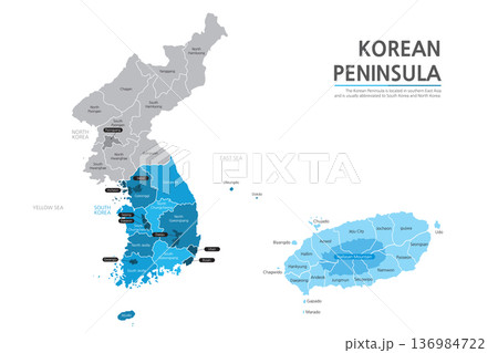 A map of Korea, which divides major cities in Korea into various tones of blue, 136984722