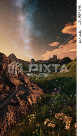 Cosmic vista over quiet settlement. Bright stars envelop serene rural landscape. Peaceful panorama displays celestial arch over illuminated outpost and rocky terrain 136984846