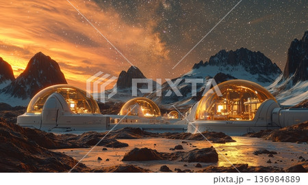 Bright ice reflections. Stars twinkle over peaceful frozen landscape with cozy illumination. Reflective domes light up cold coast as stars shimmer and mountain peaks exalt 136984889