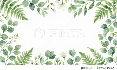 ユーカリと新緑のボタニカル水彩フレーム（オーガニック・コピースペース） 136984932