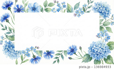 爽やかなブルー系の花柄水彩フレーム(初夏・サマーギフト・コピースペース) 爽やかなブルー系の花柄水彩フレーム(初夏・サマーギフト・コピースペース) 136984933