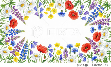 カラフルな野花の水彩フレーム（お祝い・誕生日・コピースペース） 136984935
