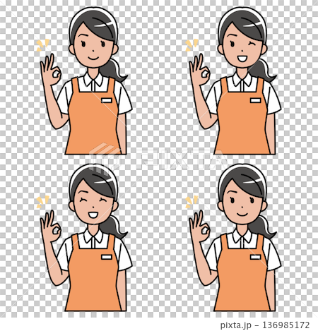 一幅插圖，描繪了一位穿著圍裙的外國女性面帶微笑地比出“OK”手勢。 136985172
