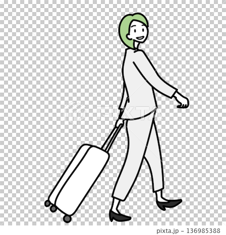 Stock Illustration: A business person on a business trip pulling a suitcase and walking lightly with a smile 136985388