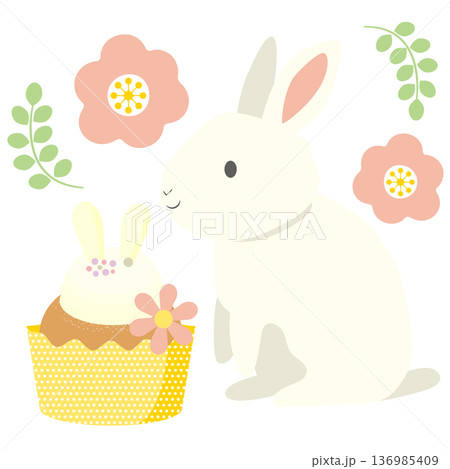 春の植物とうさぎとカップケーキのイラスト 136985409