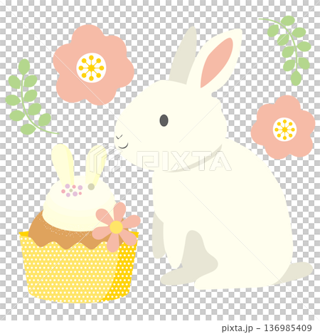 春の植物とうさぎとカップケーキのイラスト 136985409