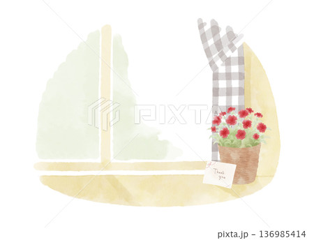 窓辺に置いた バスケットに入ったカーネーションの鉢植えのイラスト メッセージカード付き 水彩風 窓辺に置いた バスケットに入ったカーネーションの鉢植えのイラスト メッセージカード付き 水彩風 136985414