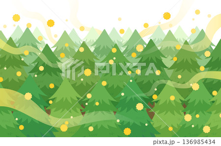 飛散する花粉とスギ並木のイラスト_横 136985434