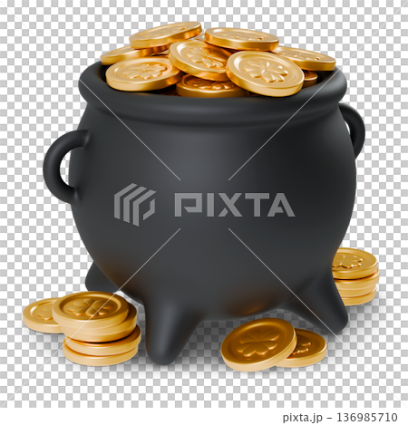 Pot Full of Gold Coins Leprechaun Cauldron With Treasure 136985710