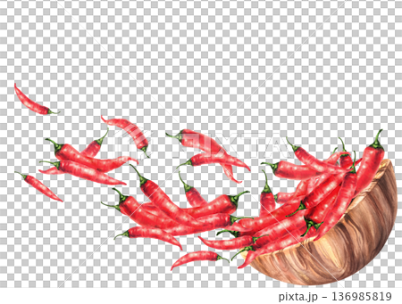 Red chili peppers flying out of wooden bowl. Hand painted watercolor illustration isolated on white background for spicy food concept, packaging, spice labels, asian menu, culinary, cooking projects. Red chili peppers flying out of wooden bowl. Hand painted watercolor illustration isolated on white background for spicy food concept, packaging, spice labels, asian menu, culinary, cooking projects. 136985819