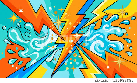 ポップな稲妻と水とキラキラのイラスト背景 136985886