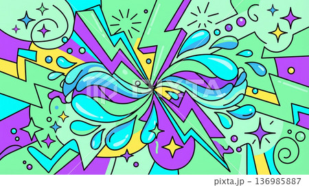 ポップな稲妻と水とキラキラのイラスト背景 136985887