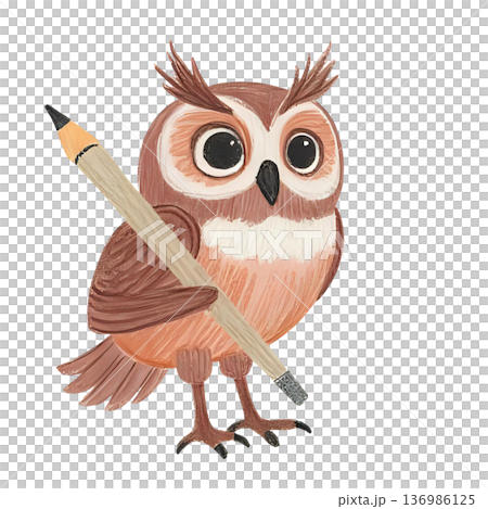 一隻貓頭鷹拿著鉛筆，鼓勵大家學習 136986125