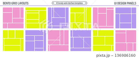 Geometric bento grid templates. Rounded shapes for posters, photo collages and modular web interfaces. Geometric bento grid templates. Rounded shapes for posters, photo collages and modular web interfaces. 136986160