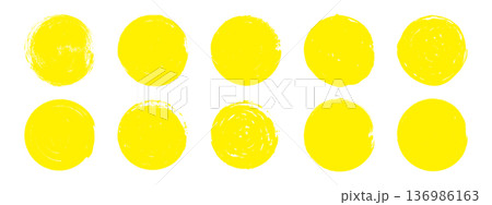 Collection of rough yellow brush sun circles. Grunge round stamp shapes. Hand drawn abstract vector elements. 136986163