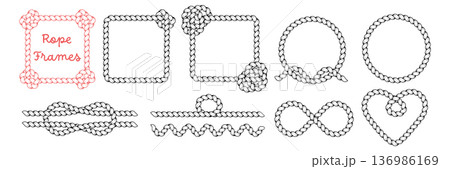 Hand drawn rope brush frames and dividers. Braided cord borders in square and round shapes with knots. Decorative rope lines. Cowboy rodeo concept 136986169