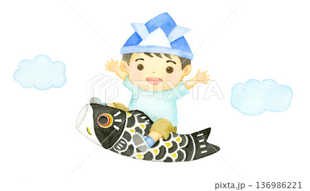 水彩で描いたこいのぼりに乗る男の子 水彩で描いたこいのぼりに乗る男の子 136986221