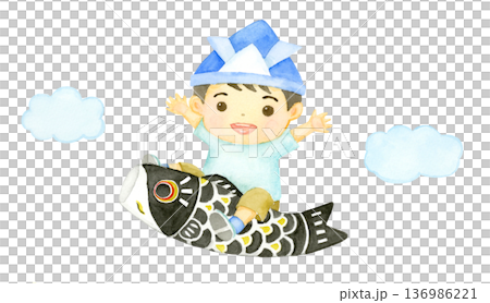 Watercolor boy riding a carp streamer Watercolor boy riding a carp streamer 136986221