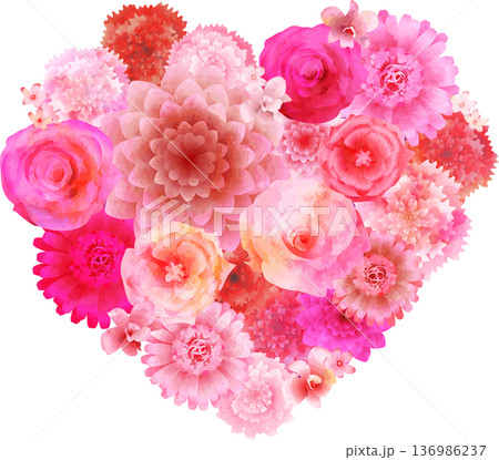 ハート型花束・濃いピンク系水彩風 136986237