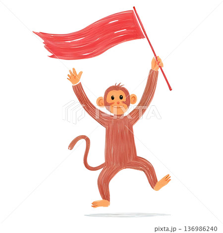 サルが旗を振って応援している 136986240