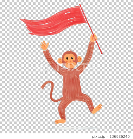 サルが旗を振って応援している 136986240