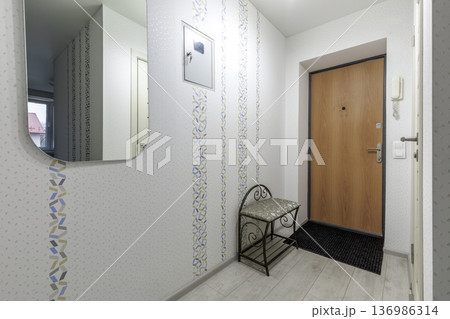 Light Entrance Hallway with Mirror and Wooden Door Light Entrance Hallway with Mirror and Wooden Door 136986314