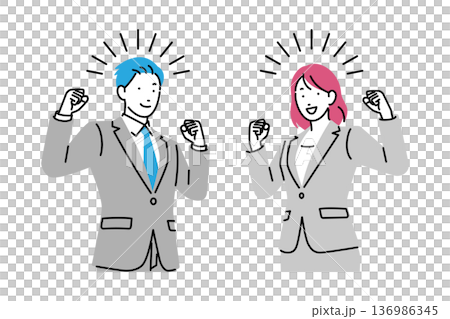 Illustration of male and female business people pumping their fists 136986345