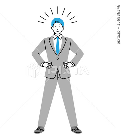 男性のビジネスパーソンが立ち姿で腰に手を当てているポーズのイラスト 136986346