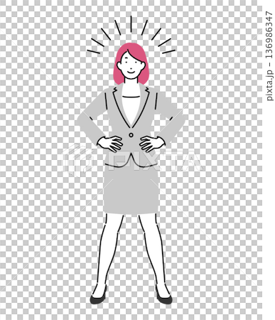 Illustration of a female business person standing with her hands on her hips 136986347