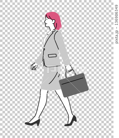 Illustration of a female business person walking with a business bag in one hand Illustration of a female business person walking with a business bag in one hand 136986349