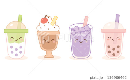 Cute Cartoon Boba Drink Illustration Set with Bubble Tea Cup and Sweet Beverage Collection 136986462