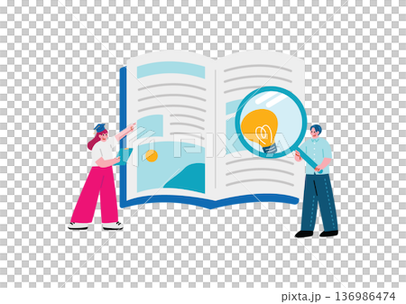 虫眼鏡を使って本からヒントをを探す男女のイラスト 虫眼鏡を使って本からヒントをを探す男女のイラスト 136986474