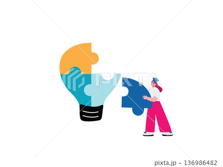 パズルのピースをはめる学生の女性のイラスト 136986482