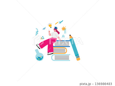 大きな本の上に座る学生の女性のイラスト 136986483