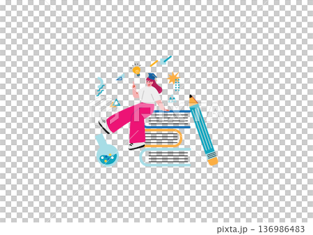 大きな本の上に座る学生の女性のイラスト 136986483