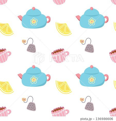 Tea Seamless Pattern with Teapot Cup and Sweet Kitchen Illustration Background 136986606