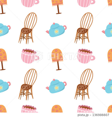 Tea and Furniture Seamless Pattern with Teapot Cup and Cozy Interior Illustration 136986607