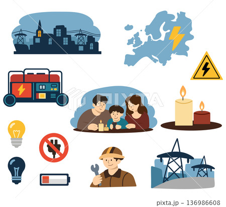 Blackout Power Outage Illustration Set with Electricity Failure Blackout Power Outage Illustration Set with Electricity Failure 136986608