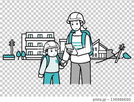 災難發生時，戴著頭盔的家長和孩子正在撤離 136986680