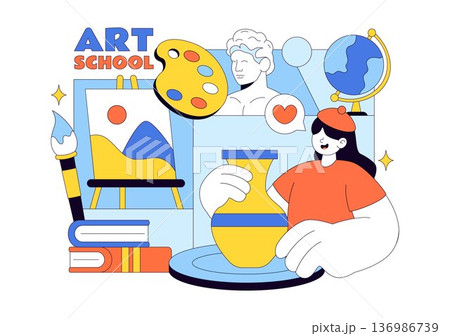 Art School Vector Illustration Featuring Children Painting a Live Model or Object Using Art Tools and Equipment in Flat Cartoon Background Design 136986739