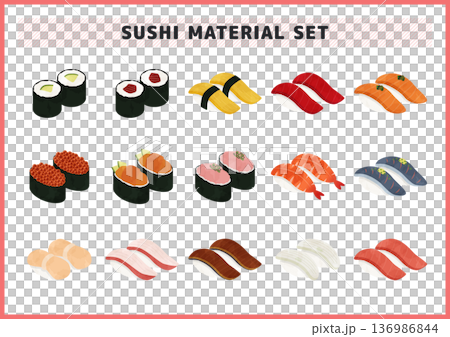 寿司のイラスト素材セット マグロ サーモン イクラ エビなど多種類 和食メニュー用ベクターアイコン 136986844