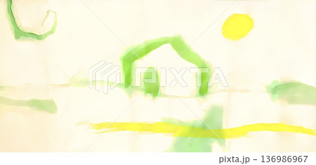 紙に淡い緑と黄色の水彩で家や太陽と抽象的な形を描いた手描きのイラスト素材 136986967