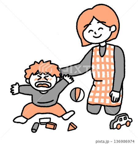 泣いている男の子を慰める保育士のイラスト 泣いている男の子を慰める保育士のイラスト 136986974