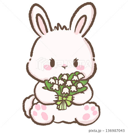 Cute bunny holding lily of the valley bouquet with ribbon hand drawn kawaii spring rabbit illustration for nursery wall art and floral greeting cards Cute bunny holding lily of the valley bouquet with ribbon hand drawn kawaii spring rabbit illustration for nursery wall art and floral greeting cards 136987043