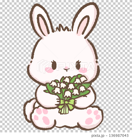 Cute bunny holding lily of the valley bouquet with ribbon hand drawn kawaii spring rabbit illustration for nursery wall art and floral greeting cards Cute bunny holding lily of the valley bouquet with ribbon hand drawn kawaii spring rabbit illustration for nursery wall art and floral greeting cards 136987043