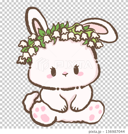 Cute bunny wearing lily of the valley flower crown hand drawn kawaii spring rabbit illustration for nursery decor greeting cards and floral themed designs Cute bunny wearing lily of the valley flower crown hand drawn kawaii spring rabbit illustration for nursery decor greeting cards and floral themed designs 136987044