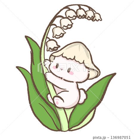 Cute bunny climbing tall leaf with lily of the valley flowers hand drawn kawaii spring rabbit illustration playful character with white bell blossoms 136987051