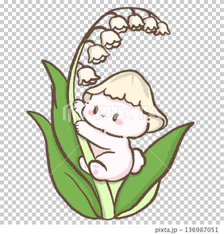 Cute bunny climbing tall leaf with lily of the valley flowers hand drawn kawaii spring rabbit illustration playful character with white bell blossoms 136987051