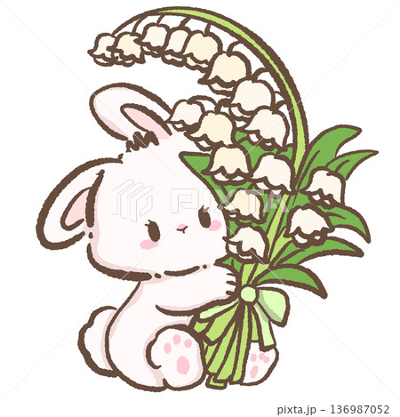 Sweet bunny holding large lily of the valley bouquet with ribbon hand drawn kawaii spring rabbit illustration floral character for nursery decor and cards 136987052