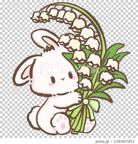 Sweet bunny holding large lily of the valley bouquet with ribbon hand drawn kawaii spring rabbit illustration floral character for nursery decor and cards 136987052